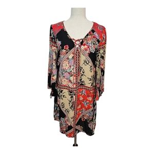 Fig and Flower Mini Tunic Dress Flowy Boho Artsy Floral Print Size M